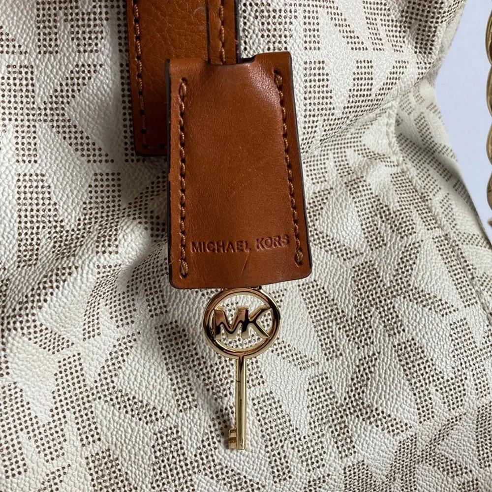 Michael Kors Beige Monogram Satchel with Tan Leather Trim